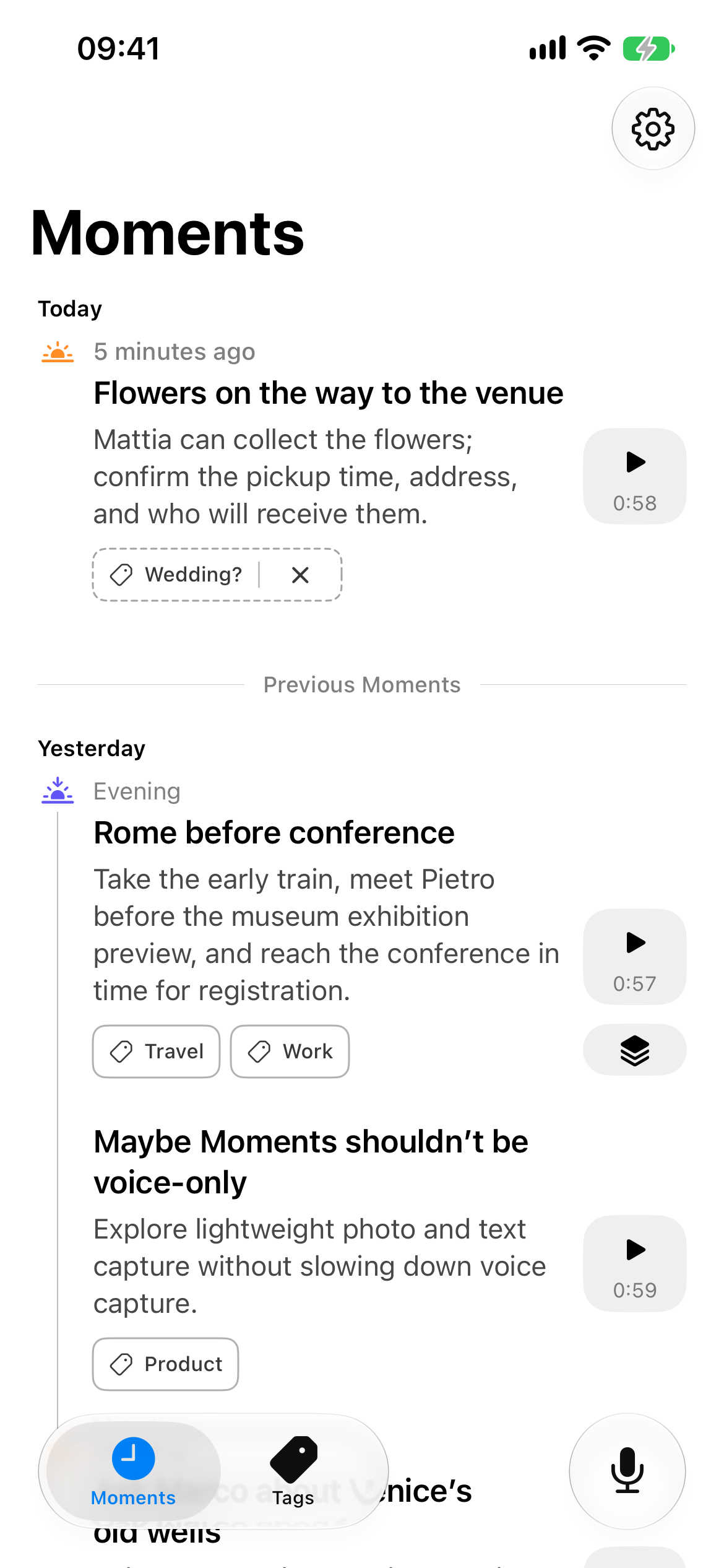 Attimo's Moments list showing a new Wedding recording titled Flowers on the way to the venue, with earlier Moments below