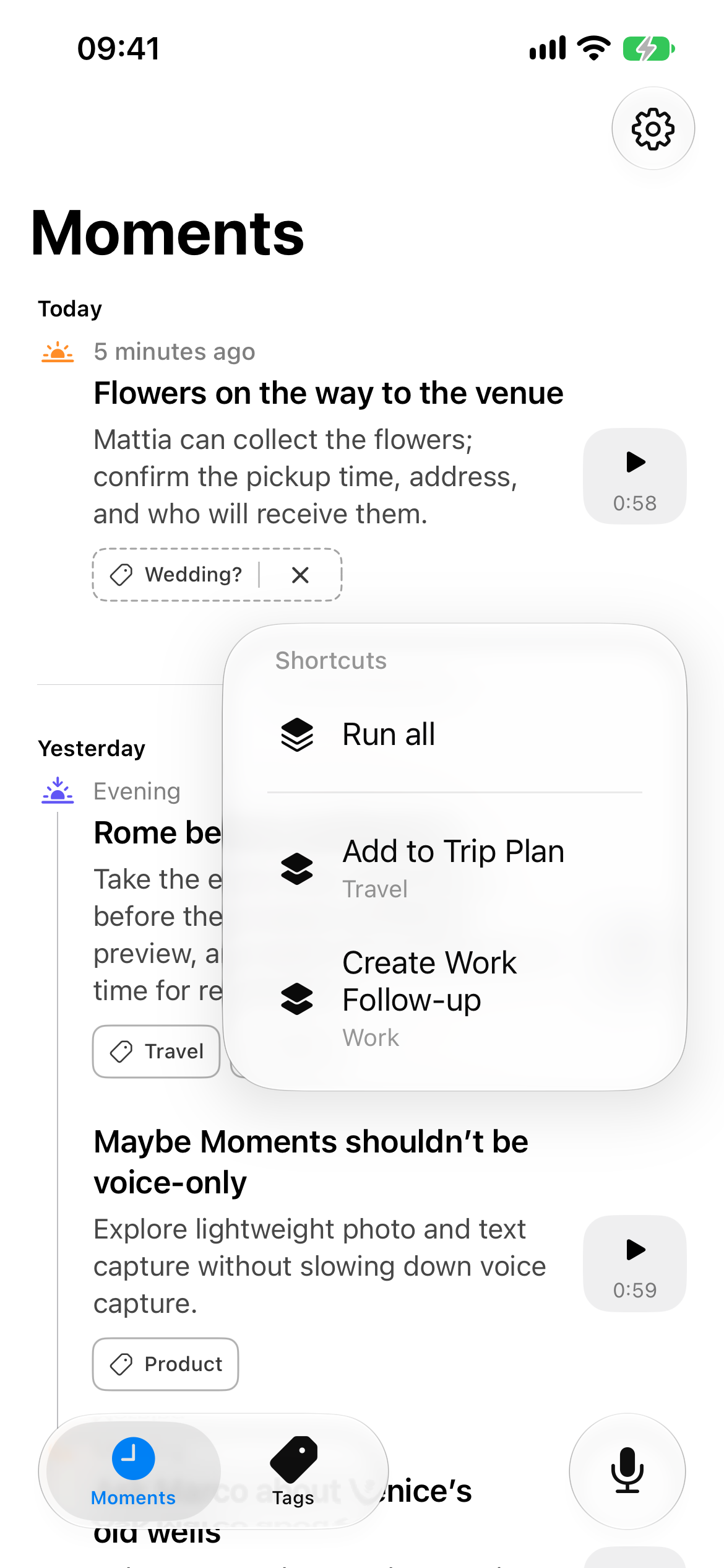 Attimo's Shortcuts menu for Rome before conference, showing Run all and the Add to Trip Plan and Create Work Follow-up automations