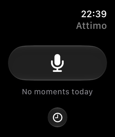 Attimo on Apple Watch showing a microphone button ready to record, with no Moments captured today
